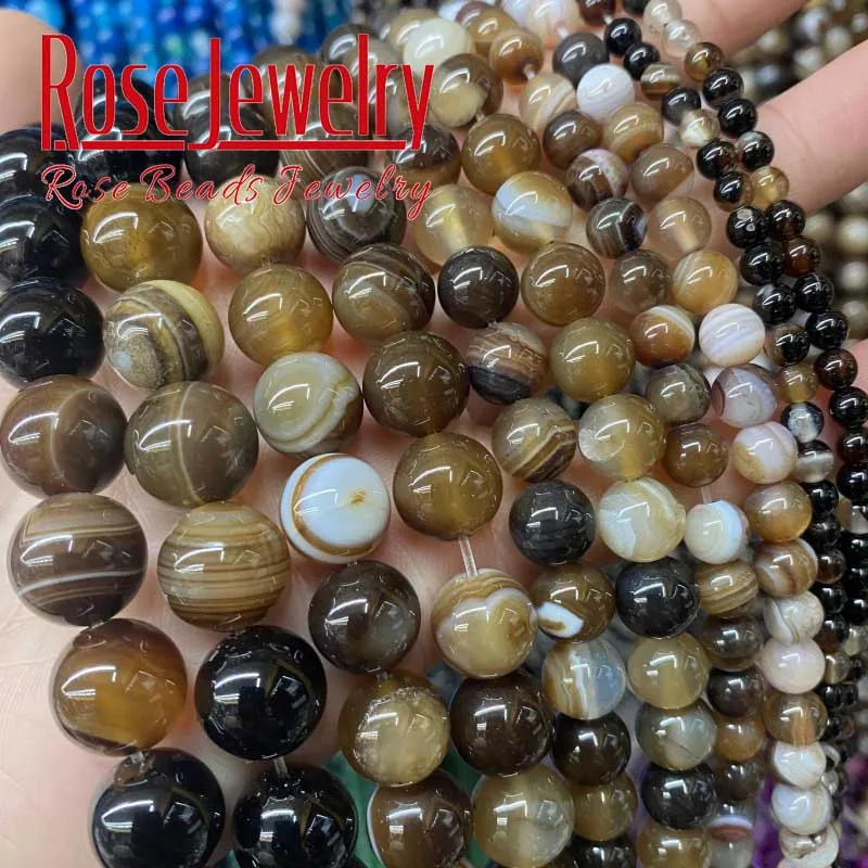 

Natural Brown Striped Onyx Agates Beads Round Loose Beads 15" Strand 4 6 8 10 12 14 MM Pick Size For Jewelry Making DIY Bracelet