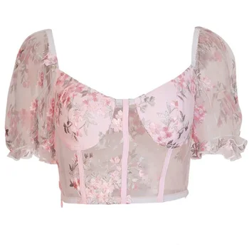 Romantic Floral Print Mesh Blouse Shirt Women Short Puff Sleeve Ruffle Design Transparent Blouse Elegant Pink Crop Top Blusas 
Romantic Floral Print Mesh Blouse Shirt Women Short Puff Sleeve Ruffle Design Transparent Blouse Elegant Pink Crop Top Blusas