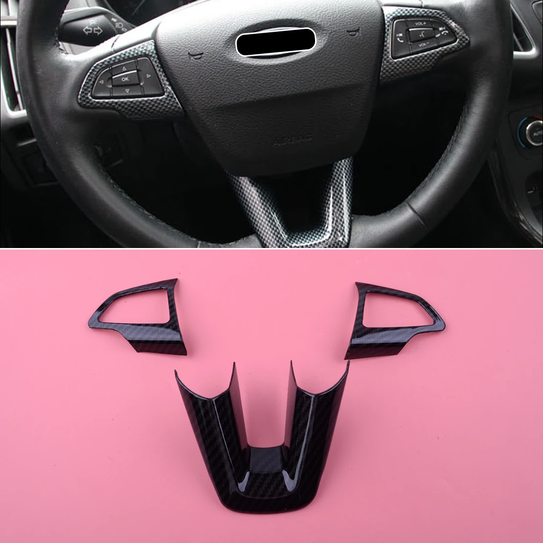 DWCX 3pcs Carbon Fiber Style Interior Steering Wheel Decoration Moulding Trim Frame Cover Fit For Ford Focus 2015 2016 2017 2018 |