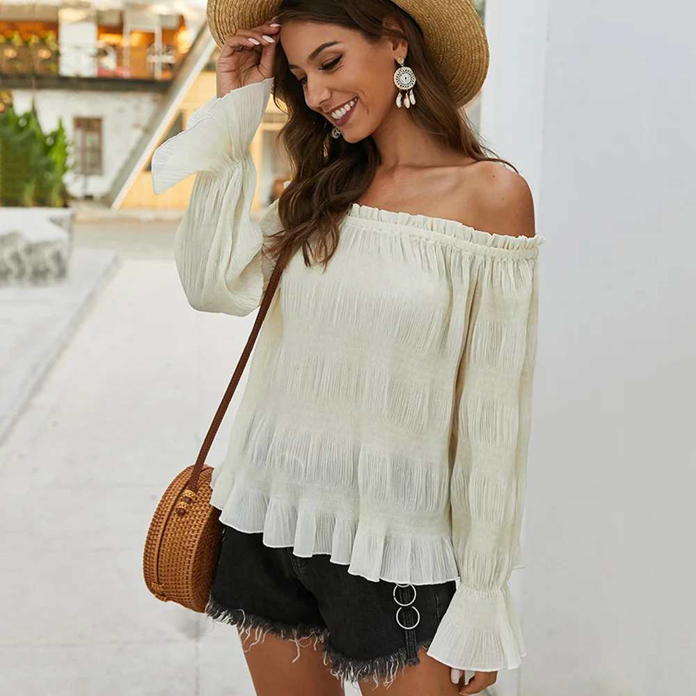 Off Shoulder Long Sleeve Top T-Shirts Women Summer Autumn Slash Neck Pleated T-Shirts Solid Color Flare Sleeve Ruffles Tops Tees
Off Shoulder Long Sleeve Top T-Shirts Women Summer Autumn Slash Neck Pleated T-Shirts Solid Color Flare Sleeve Ruffles Tops Tees