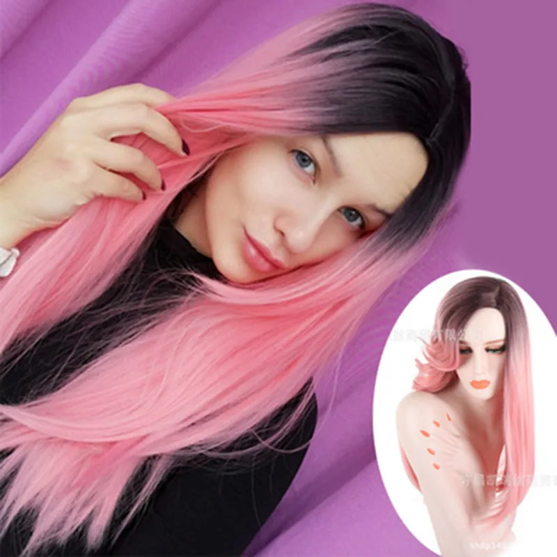 long kinky straight wig human fake hair closure wig White Black Women Mannequin cosplay head colored pink bangs wig 
long kinky straight wig human fake hair closure wig White Black Women Mannequin cosplay head colored pink bangs wig