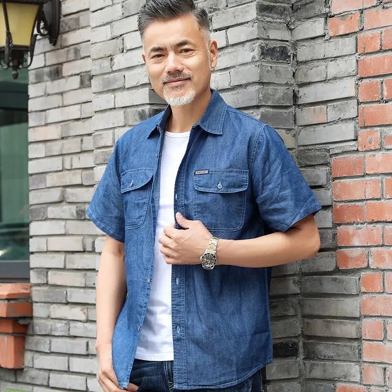 Middle Aged Denim Shirt Summer Short jean Sleeve Cotton Thin Dad Loose Jacket Рубашка Блузки Men Clothing Genuine Hot Рубашки |