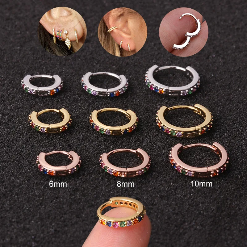 Classic CZ Cartilage Earrings for Women Gilr Simple Rainbow Zirconia Small Hoop Ear Piercing Round Buckle Jewelry | Украшения и