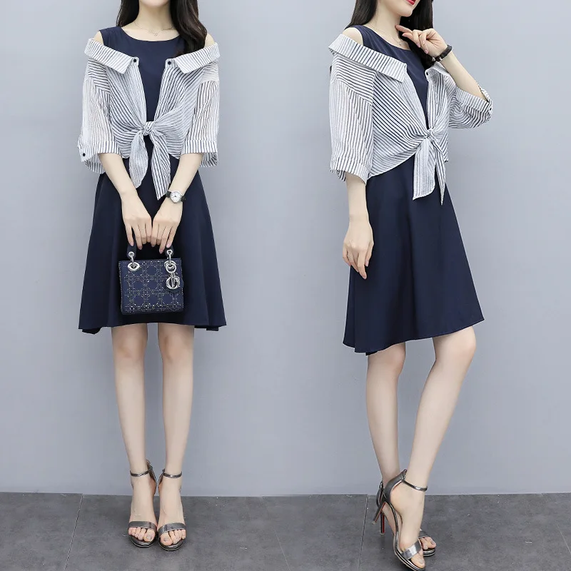 2019 Summer New Style Large Size Dress Large GIRL'S Stripes Cardigan Joint Mid-length Dress Two-Piece Set 
2019 Summer New Style Large Size Dress Large GIRL'S Stripes Cardigan Joint Mid-length Dress Two-Piece Set