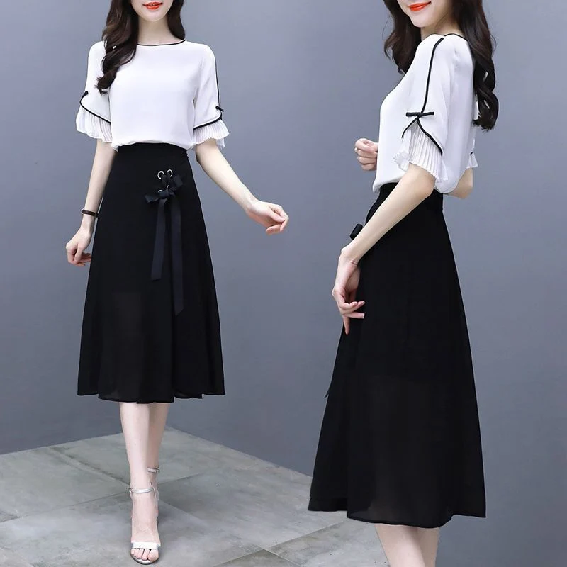 Half Sleeve Women's Set Sweet Temperament White Shirt Black Skirt O-Neck Drawstring Pant Closure Knee-Length Solid Two-piece
Half Sleeve Women's Set Sweet Temperament White Shirt Black Skirt O-Neck Drawstring Pant Closure Knee-Length Solid Two-piece