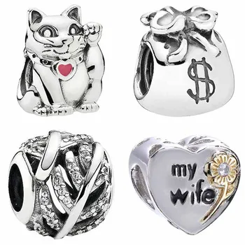 

US Dollar Money Bag Love Heart My Wife Lucky Waving Cat Light As A Feather Beads Fit Bracelet 925 Sterling Silver Charm