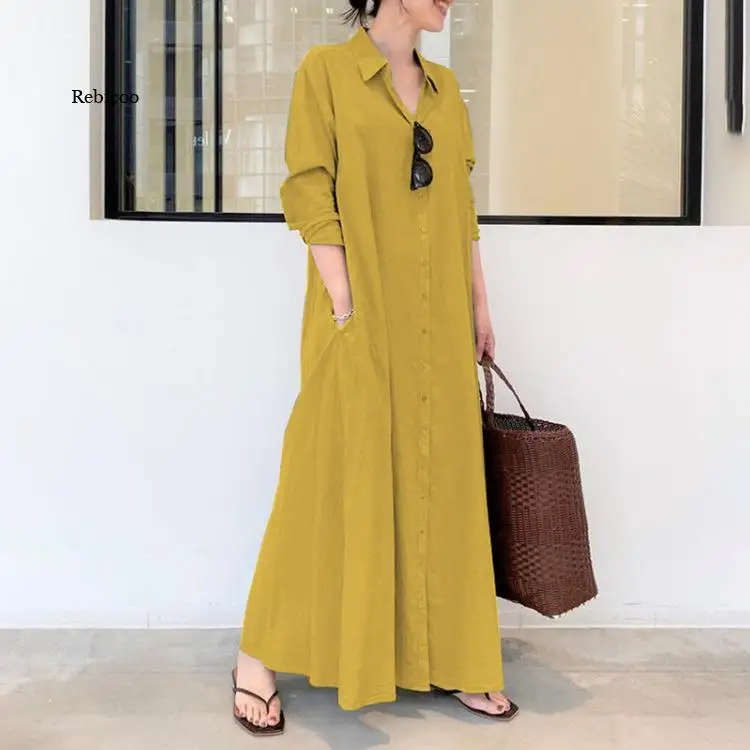 Women Long Dress Pockets Single-Breasted Shirt Sundress Solid Color Long Sleeve Lapel Large Hem Maxi Dresses
Women Long Dress Pockets Single-Breasted Shirt Sundress Solid Color Long Sleeve Lapel Large Hem Maxi Dresses