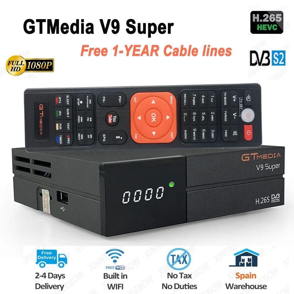 GTMedia V9 Super Satellite Receiver Full HD DVB-S2 Bult-In WiFi With 1-Year Europe 7 Cable Lines Same GTMedia V8 Nova Receiver
GTMedia V9 Super Satellite Receiver Full HD DVB-S2 Bult-In WiFi With 1-Year Europe 7 Cable Lines Same GTMedia V8 Nova Receiver