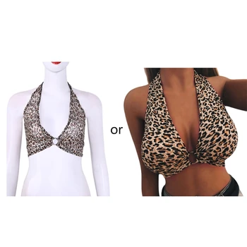 Womens Sexy Plunging Deep V-Neck Bralette Halter Wide Strap Leopard Backless Crop Top Metal Ring Ruched Push Up Bustier Clubwear 
Womens Sexy Plunging Deep V-Neck Bralette Halter Wide Strap Leopard Backless Crop Top Metal Ring Ruched Push Up Bustier Clubwear