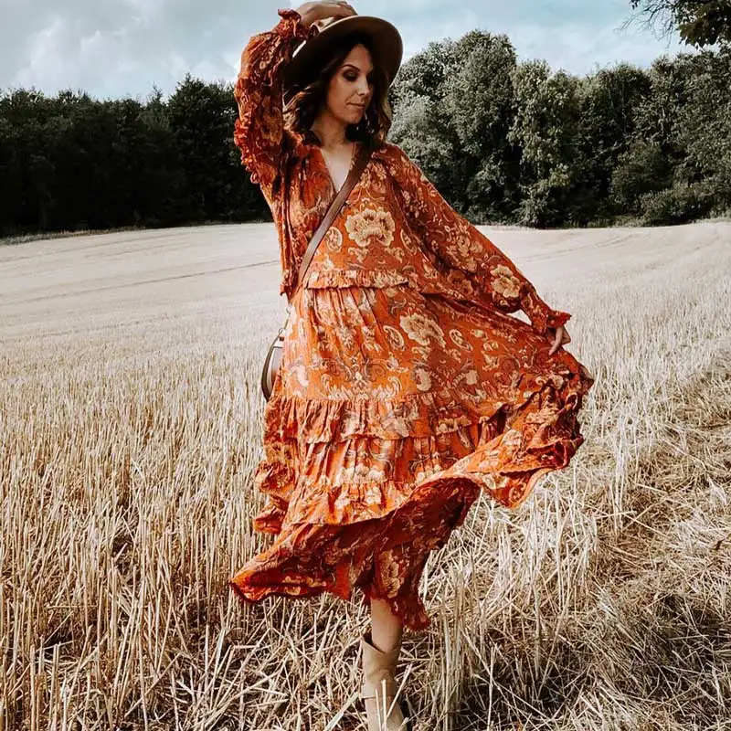 

BOHO INSPIRED paisley print frill dress women tiers V-neck long sleeve dress autumn 2019 new boho dress vintage chic vestidos