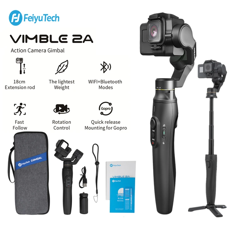FeiyuTech Feiyu Vimble 2A with tripod and carrying case, retractable action camera gimbal stabilizer for Gopro Hero 7/6 / 5,18cm
FeiyuTech Feiyu Vimble 2A with tripod and carrying case, retractable action camera gimbal stabilizer for Gopro Hero 7/6 / 5,18cm