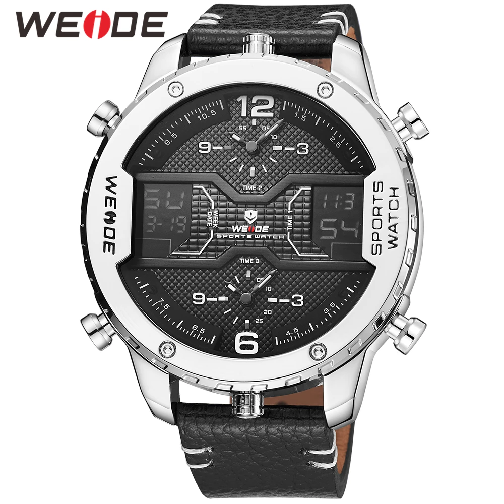 

WEIDE Mens Fashion Sports Casual Three Time Zone Quartz Analog Digital Date Clock Leather Strap Military Watch Relogio Masculino