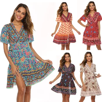 BacklakeGirls Women's Bohemia Holiday Style Short Sleeve Deep V Neck Pleated Printed Summer Dress Casual Beach Dress Vestido 
BacklakeGirls Women's Bohemia Holiday Style Short Sleeve Deep V Neck Pleated Printed Summer Dress Casual Beach Dress Vestido