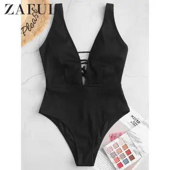 

ZAFUL Plunge Textured Ribbed One-Piece Swimsuit Lace Up Swimsuit Removable Padded Ribbed Fabric Deep V One-Piece Suits Black2020