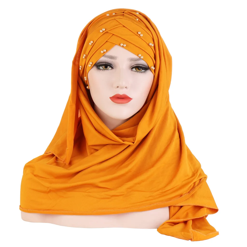 

2021 muslim cotton scarf plain hijabs with bead shawls and wraps femme musulman hijab ready to wear turban women head scarves