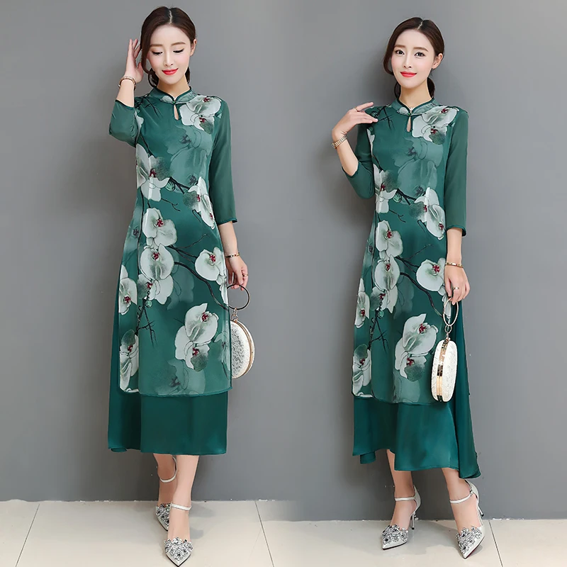 Летнее шифоновое зеленое платье qipao BAI платья | Тематическая одежда и униформа