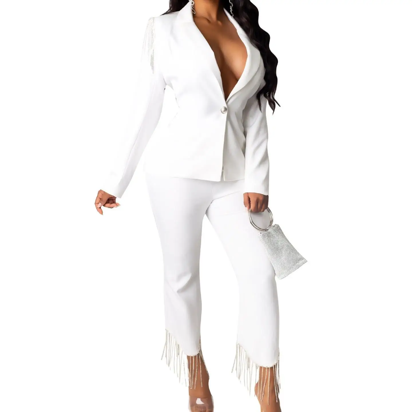 Solid Color Fringed Shoulder Suit Two-Piece Women's Winter Tops Straight Pants Set Black White Suit
Solid Color Fringed Shoulder Suit Two-Piece Women's Winter Tops Straight Pants Set Black White Suit
