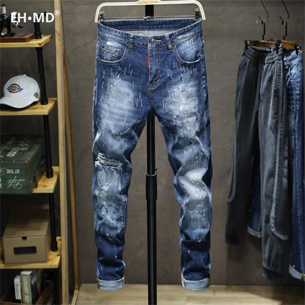 

EHÂ·MDÂ® Claw Pattern Ripped Jeans Men's Inkjet White Dots Cat Whisker Slim Cotton Red Ears Soft Stretch Beggar Pants Reflective