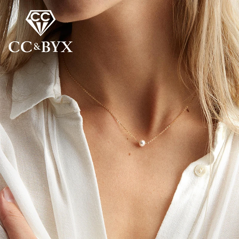 CC Stainless Steel Necklace For Women Simple Chain Imitation Pearl Pendant Classic Choker Gold Color Jewerly | Украшения и
