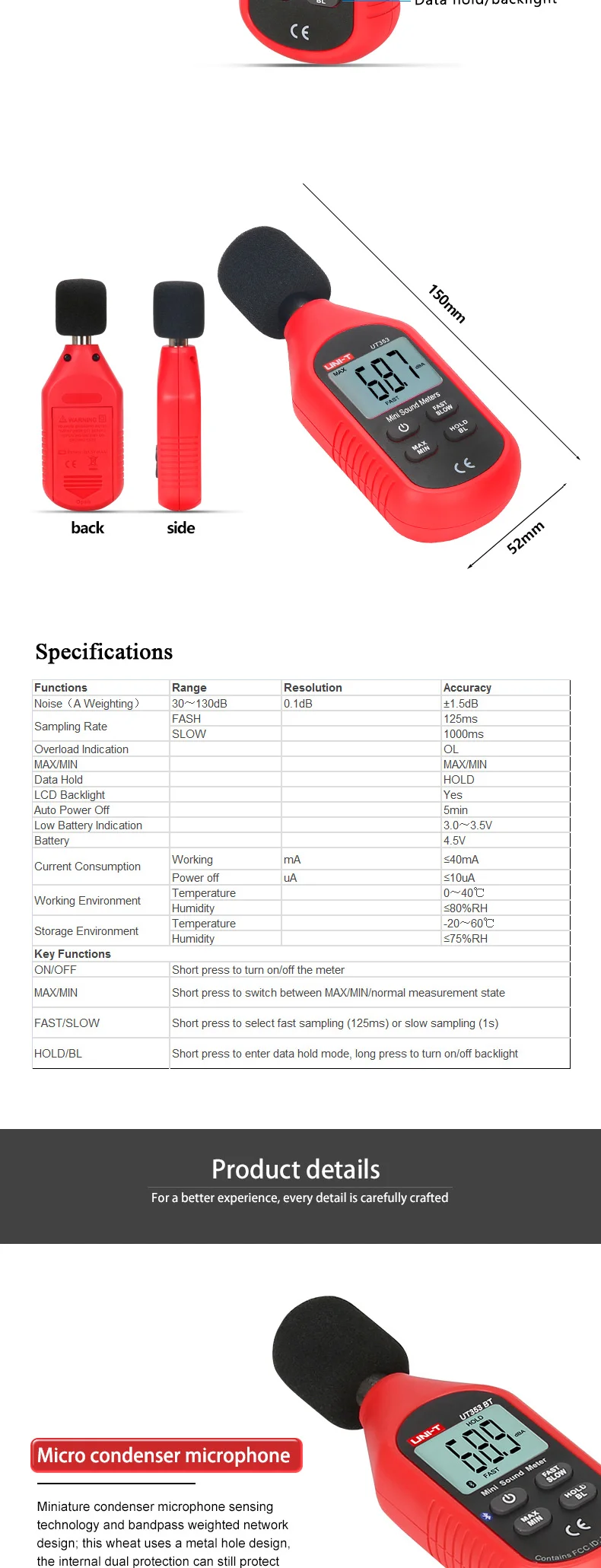 UNI-T UT353 UT353 Noise Measuring Instrument db Meter 30~130dB Mini Audio Sound Level Meter Decibel Monitor