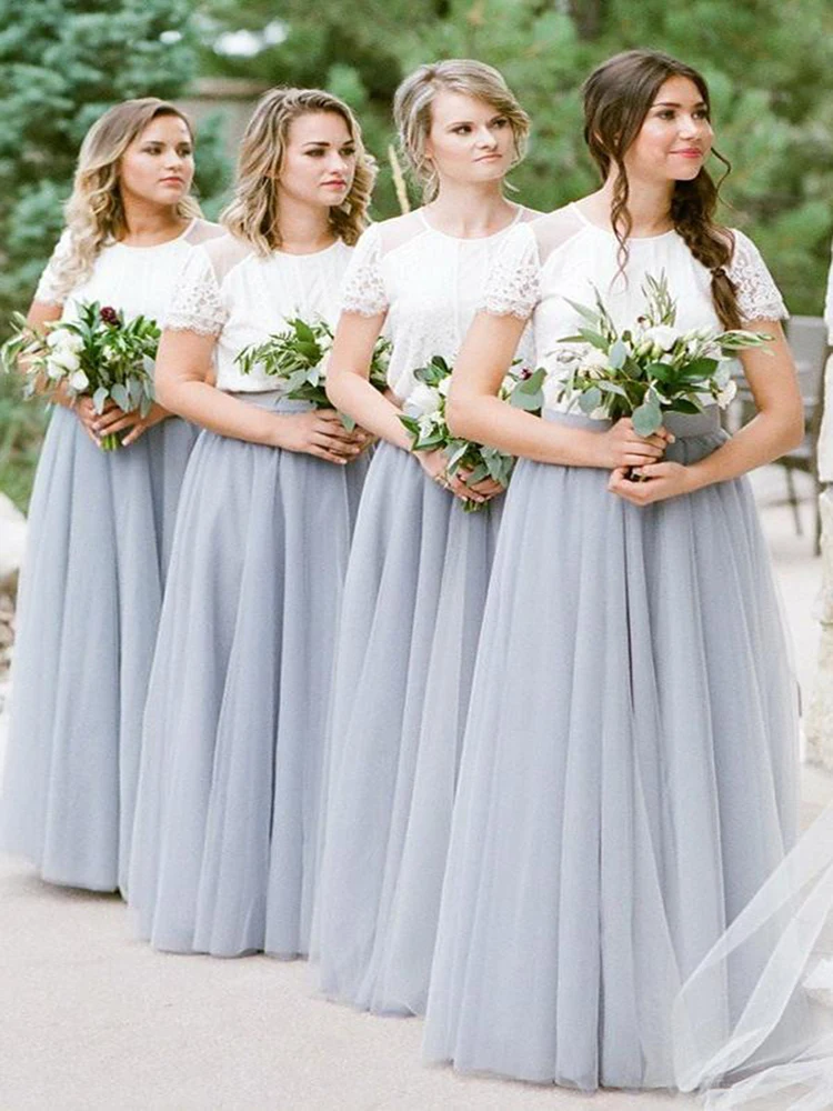 2020 Latest Lace White Bodice Silver Skirt Bridesmaid Dresses Long With Short Sleeve Wedding Party Gowns Long
2020 Latest Lace White Bodice Silver Skirt Bridesmaid Dresses Long With Short Sleeve Wedding Party Gowns Long