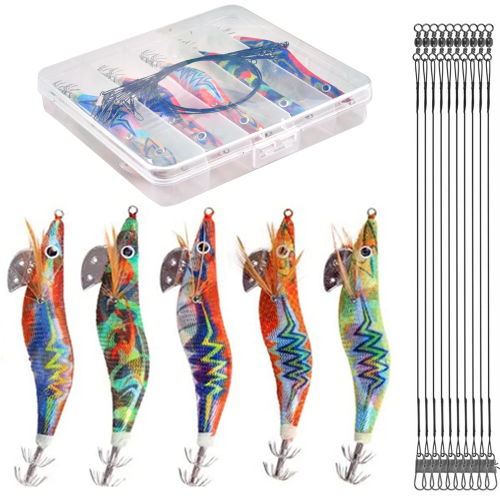 

15Pcs Fishing Laser Squid lure Saltwater Wire Leader Set Wood Shrimp Jig Hook Octopus Cuttlefish Trolling Jig Bait 2.5# 3.0#