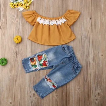 2020 Summer Kids Baby Girl Clothes Sets Off Shoulder Lace T-shirts Floral Holes Denim Pencil Pants 2Pcs Girl Outfits
2020 Summer Kids Baby Girl Clothes Sets Off Shoulder Lace T-shirts Floral Holes Denim Pencil Pants 2Pcs Girl Outfits