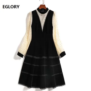 Velvet Dress 2020 Spring Vintage Party Women Stand Neck Sexy Sheer Polka Dot Mesh Patchwork Long Sleeve Black Dark Blue Dress 
Velvet Dress 2020 Spring Vintage Party Women Stand Neck Sexy Sheer Polka Dot Mesh Patchwork Long Sleeve Black Dark Blue Dress
