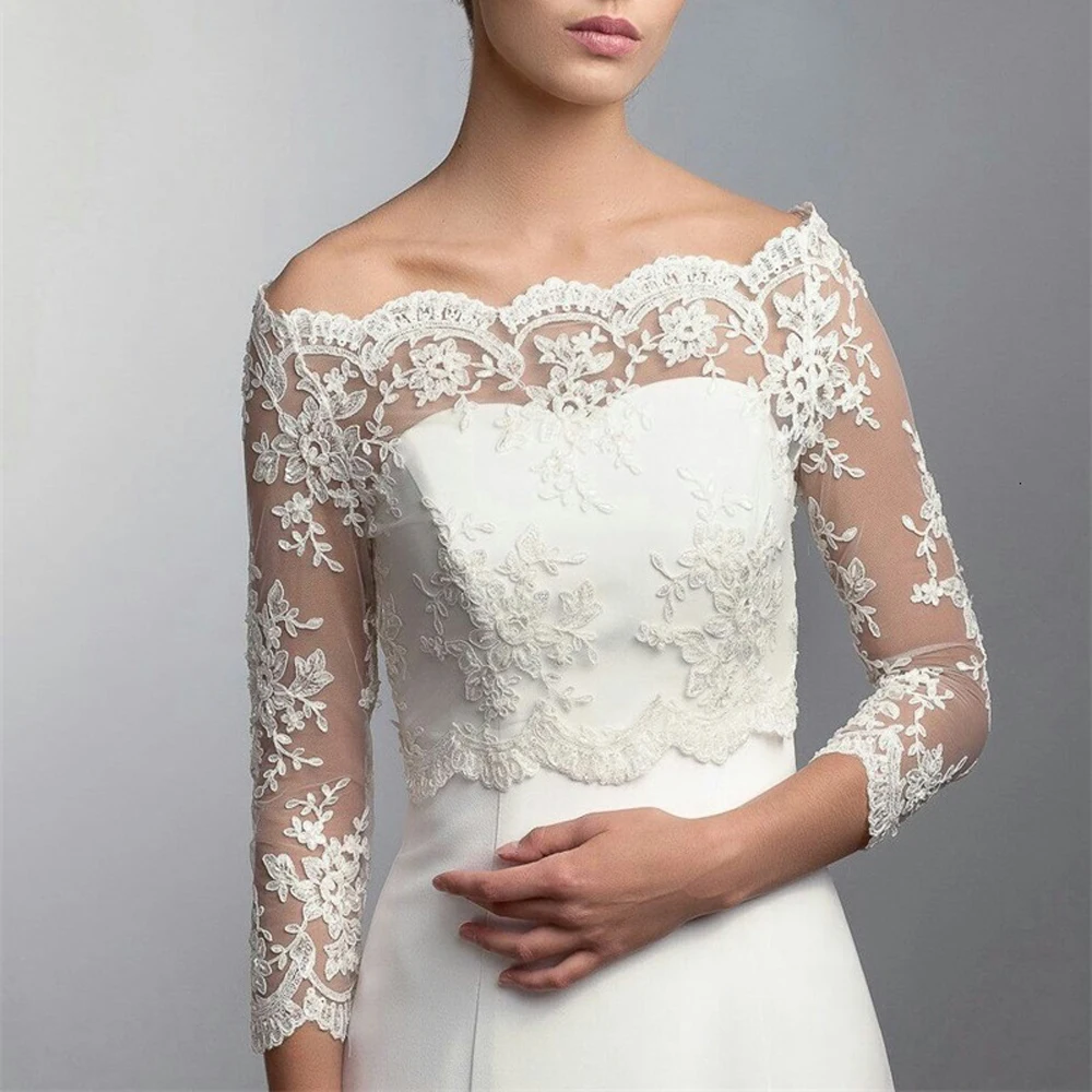Bridal Lace Jacket Bateau 3/4 Long Sleeve Appliques Wrap Sheath Bridal Bolero For Wedding Dresses
Bridal Lace Jacket Bateau 3/4 Long Sleeve Appliques Wrap Sheath Bridal Bolero For Wedding Dresses