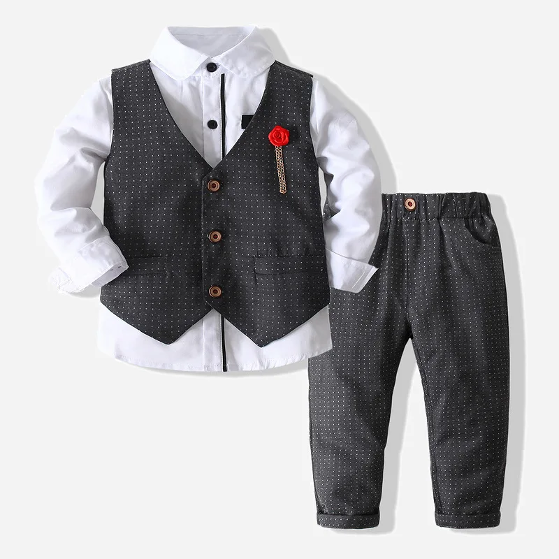 

High Quality Boys Host Dress Suits Kids Gentleman Clothes 3 Piece Suit Children's Clothing Long Sleeved Shirt Vest Trousers Sets