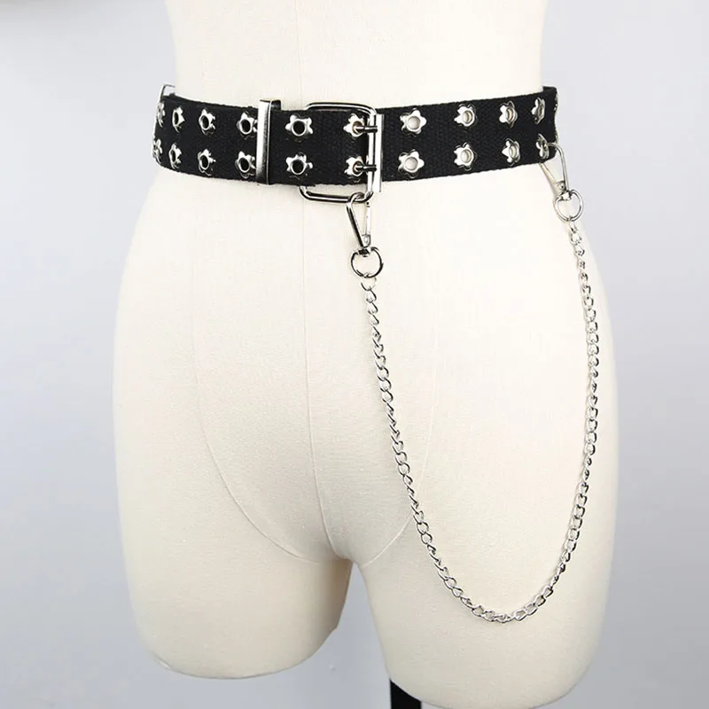 Punk Fashion Unisex Canvas Belt With chain Metal Double row hole Pin Buckle Waist Belts Jeans Trouser Women Men Waistband
Punk Fashion Unisex Canvas Belt With chain Metal Double row hole Pin Buckle Waist Belts Jeans Trouser Women Men Waistband
