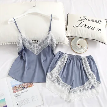 2020 New Pajamas Set Lace Patchwork Lady Strap Top&Shorts Nightwear 2PCS Sleep Set Sexy Satin Pijamas Homewear Silky Bathrobe
2020 New Pajamas Set Lace Patchwork Lady Strap Top&Shorts Nightwear 2PCS Sleep Set Sexy Satin Pijamas Homewear Silky Bathrobe