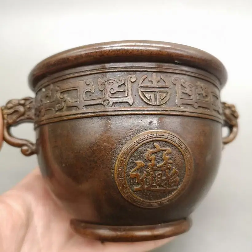 

Ancient Qing Dynasty Style Wealth Pot Copper Jar Vat Lucky Beast Lug Side Design Richness Adornment