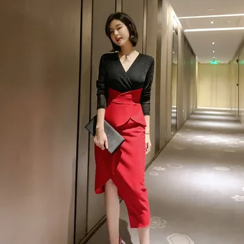 Woman Dress Contrasting Panel Ruffles Slim-fit Dress Evening Women Dress 
Woman Dress Contrasting Panel Ruffles Slim-fit Dress Evening Women Dress
