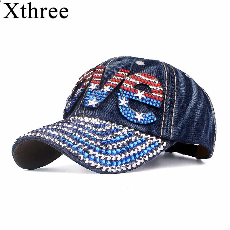 Xthree бейсбольная кепка со стразами для женщин Snapback шляпа мужчин Американский флаг
