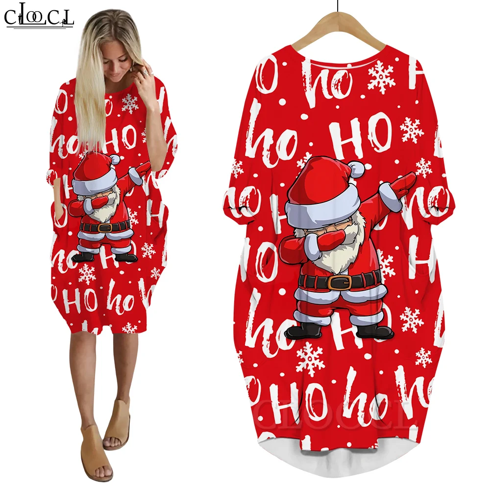 

CLOOCL Santa Claus HO HO HO Dress 3D Printed Baggy Women Dresses Long Sleeve Female Gown Pocket Dresses for Party and Christmas