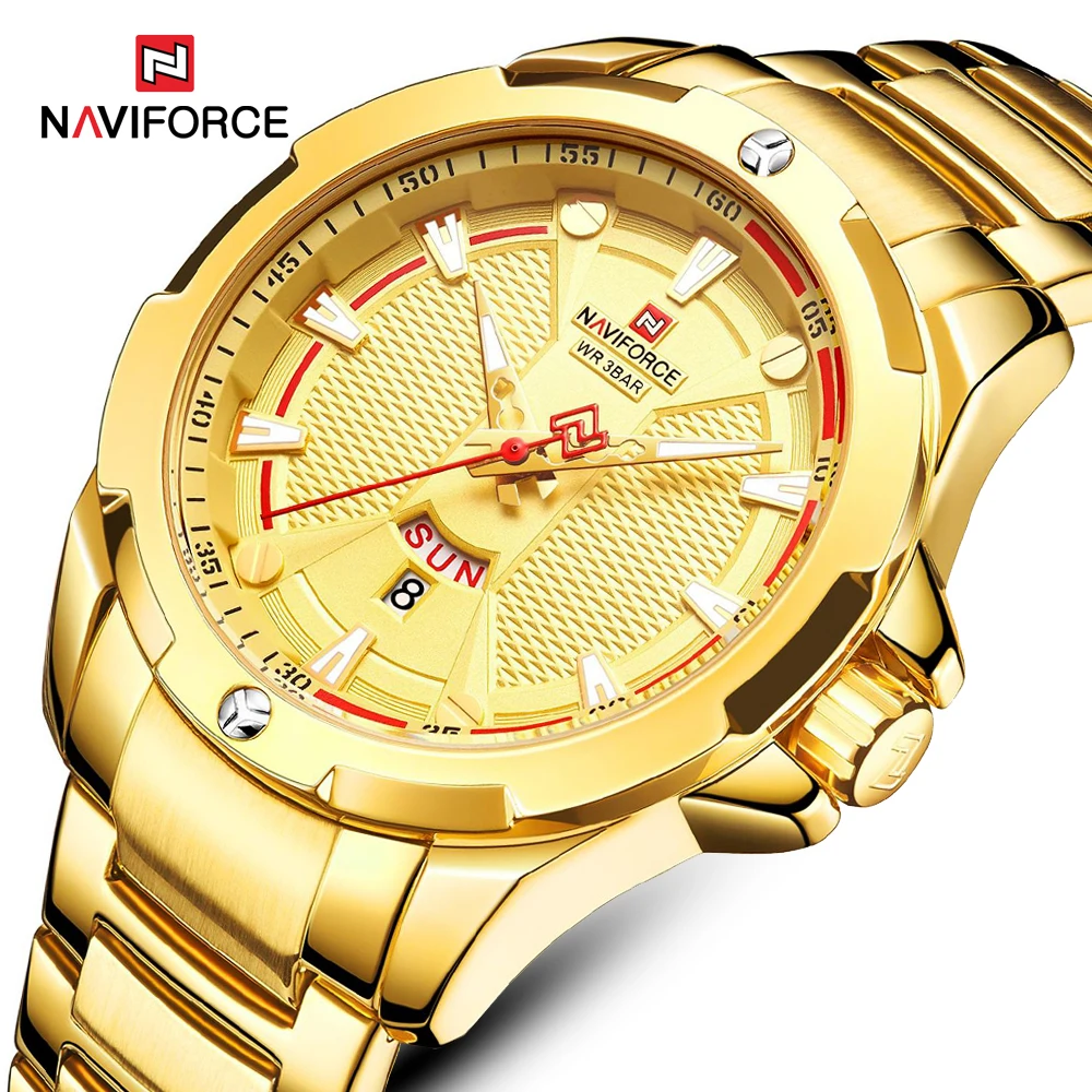 Фото NAVIFORCE Модные мужские золотые часы кварцевые водонепроницаемые военные наручные