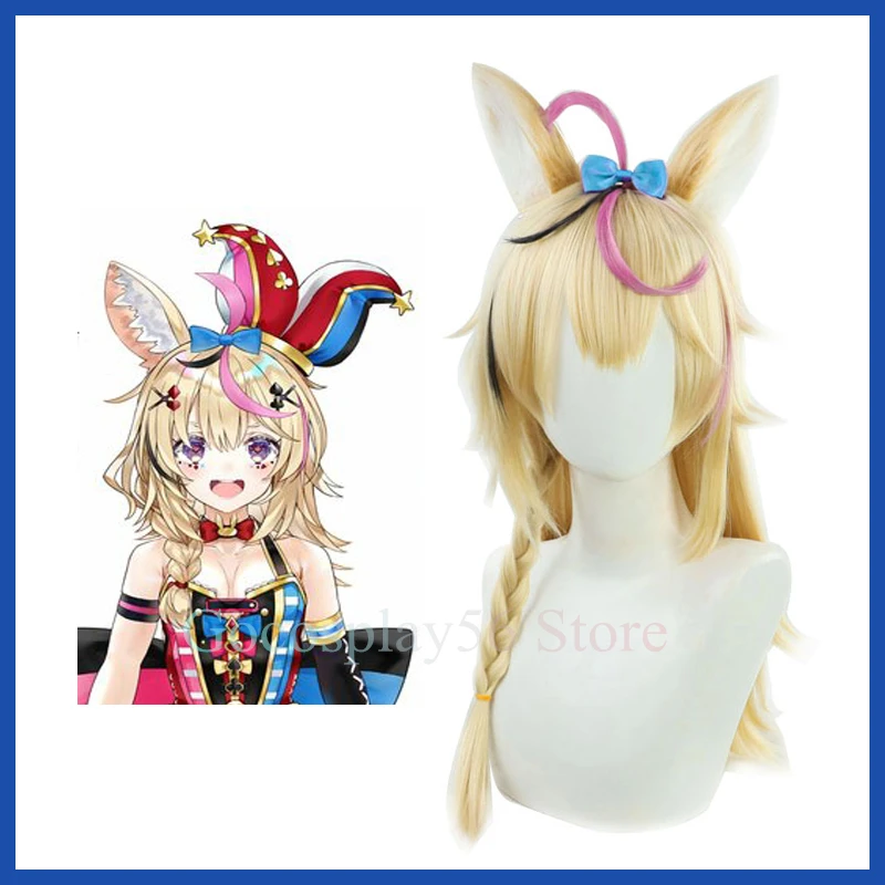 

VTuber Omaru Polka Wig Ears Hololive Blonde Golden Braided Ponytails Youtuber Girls Long Straight Cosplay Hair