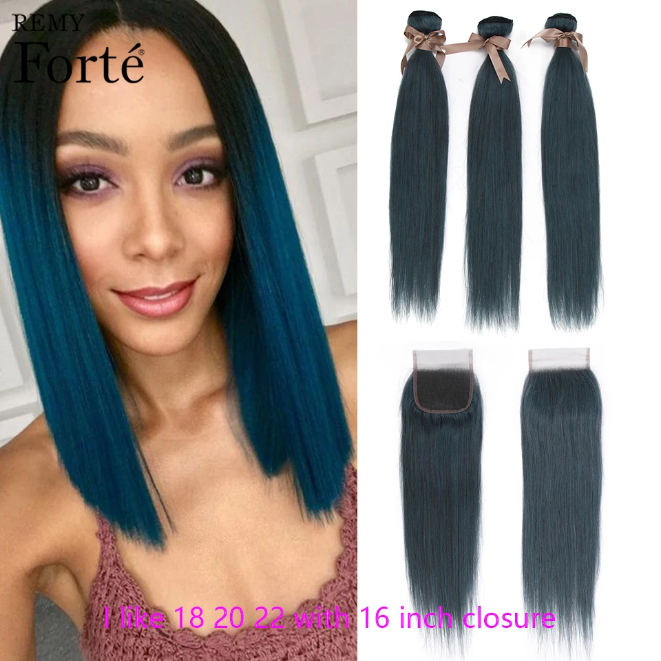 

Remy Forte Blue Human Hair Straight Bundles With Closure Brazilian Hair Weave Bundles colored 3 Bundles With Closure For Women