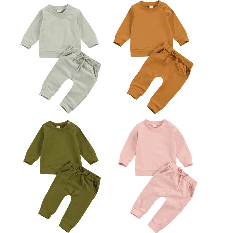 

lioraitiin 0-24M Newborn Baby Girl Autumn Clothing Set Long Sleeve Solid Cotton Top Long Pant 2Pcs Fall Outfit Set