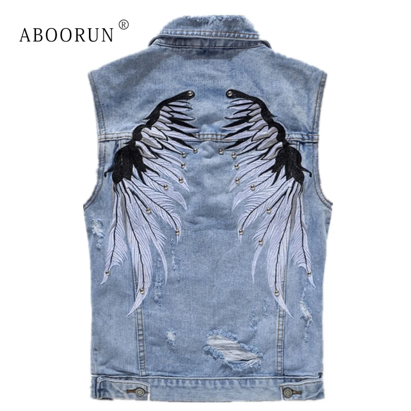 

ABOORUN Mens Wing Embroidery Rivet Denim Jacket Spring Autumn Casual Slim fit Sleeveless Ripped Jeans Jacket for Male R2358