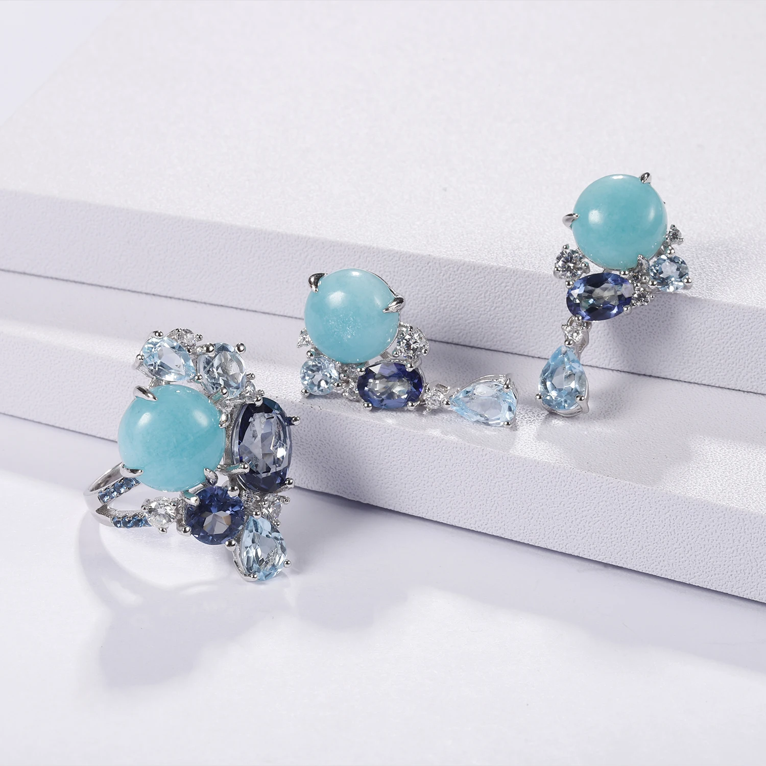 Natural Amazonyte Blue Topaz Gemstone Earring 6 Natural Amazonyte Blue Topaz Gemstone Drop Earrings