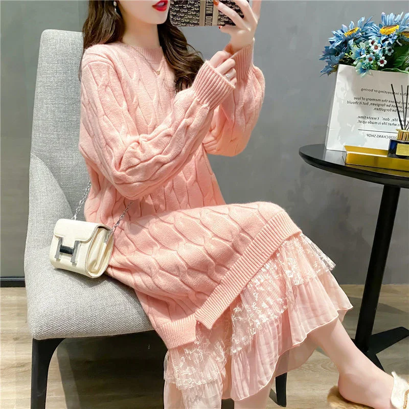 Lace Stitched Sweater Loose Elegant Midi Dress 2023 New Fall Twist Knitted Vintage Fashion Party Dress
Lace Stitched Sweater Loose Elegant Midi Dress 2023 New Fall Twist Knitted Vintage Fashion Party Dress
