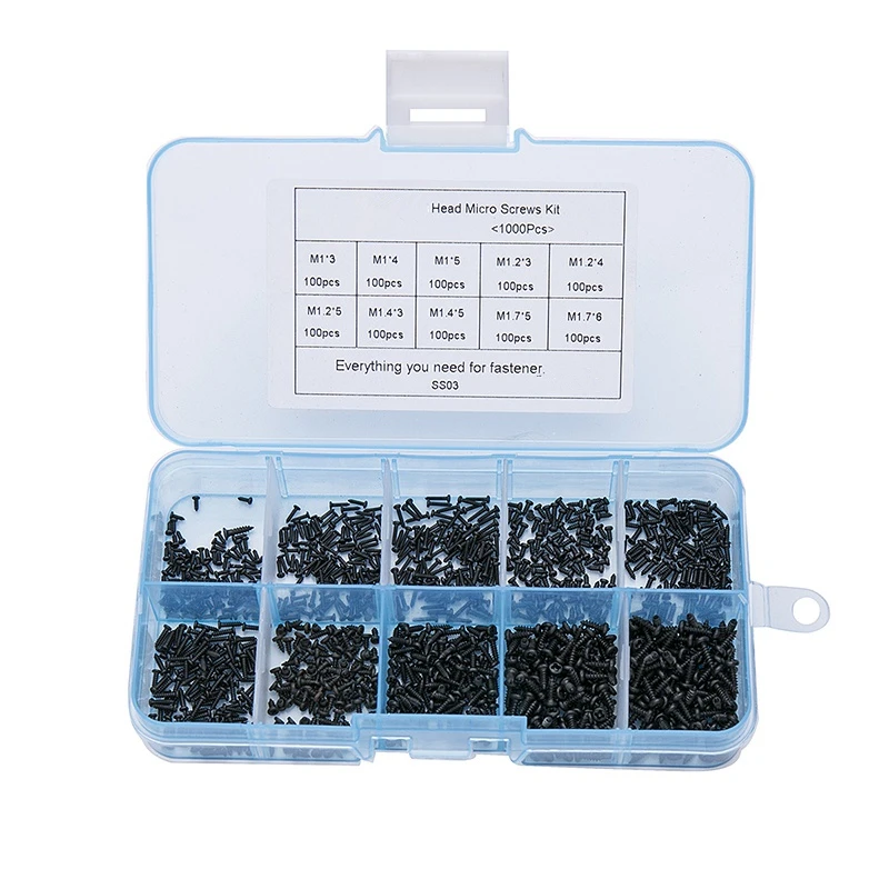 

1000pcs Miniature Self Tapping M1 M1.4 M1.7 Track Screws Black Round Head Self-Tapping Screws Set Mini Tiny Hardware KYY8763