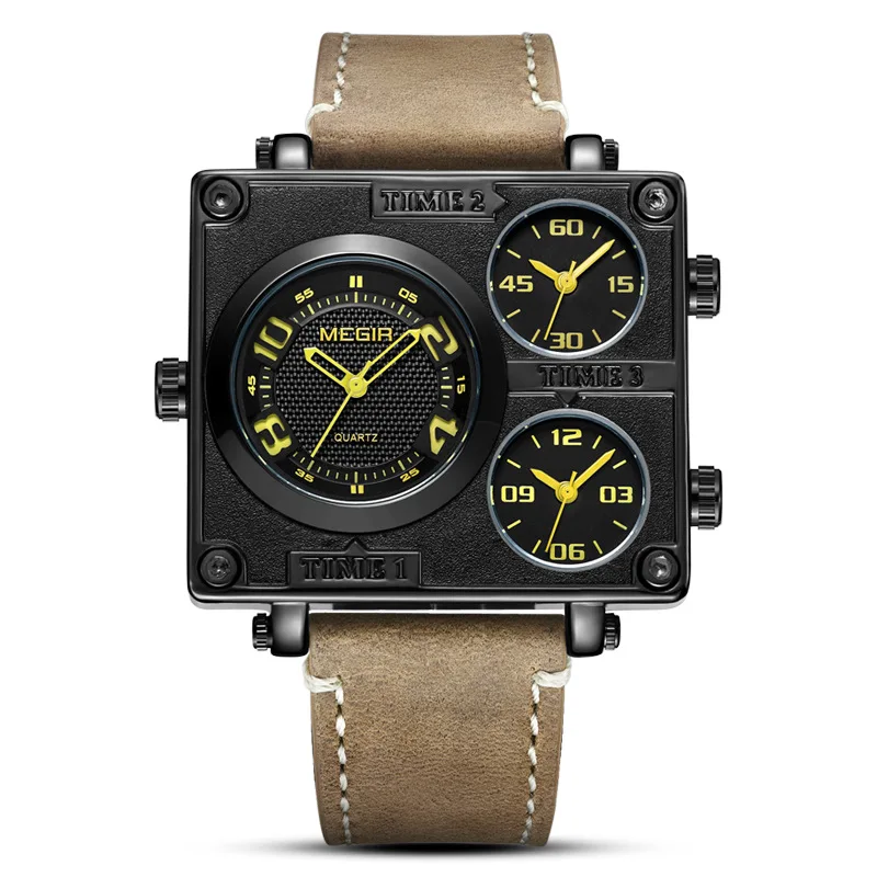 Hot Sales Natural Detox Gainer Megir MEN'S Watch Retro Fashion Square Multi-Time Zone Watch Sports Watch 2069