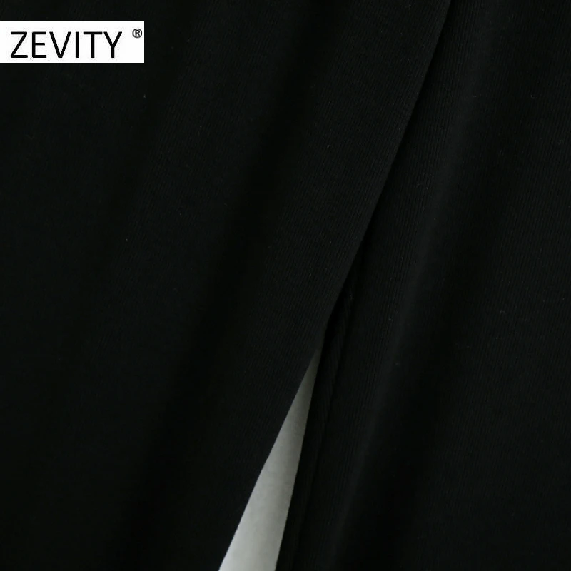 ZEVITY New Women fashion solid color pleats knitting straight pants female elastic waist slim Trousers chic hem split pants P936