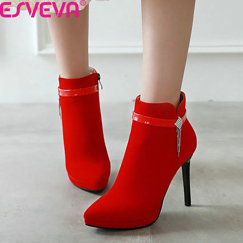 ESVEVA 2020 Crystal Tassel Pointed Toe Flock Women Shoes Autumn Winter Fashion Thin High Heel Zipper Ankle Boots Big Size 34-42 
ESVEVA 2020 Crystal Tassel Pointed Toe Flock Women Shoes Autumn Winter Fashion Thin High Heel Zipper Ankle Boots Big Size 34-42