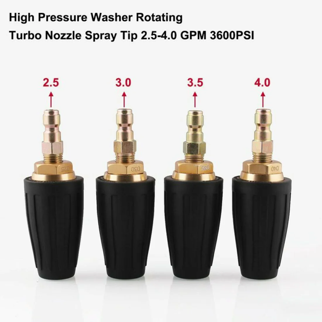 1/4inch Pressure Washer Rotating-Rotary Turbo Nozzle 3600PSI 2.5/3.0/3.5/4.0GPM Compatible With All Petrol And Diesel Pressure W
1/4inch Pressure Washer Rotating-Rotary Turbo Nozzle 3600PSI 2.5/3.0/3.5/4.0GPM Compatible With All Petrol And Diesel Pressure W