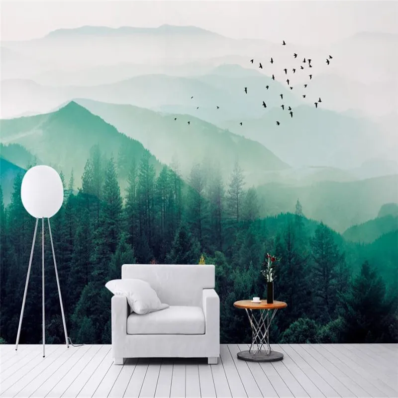 

Milofi custom 3D wallpaper mural Nordic minimalist foggy forest distant mountains flying birds background wall home decoration w