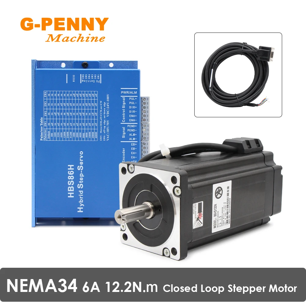 

NEMA34 Closed Loop Stepper Motor 12.2N.m HBS86H+86HS120N With Encoder 2 Phase 6A 30-100v Servo Motor Kit